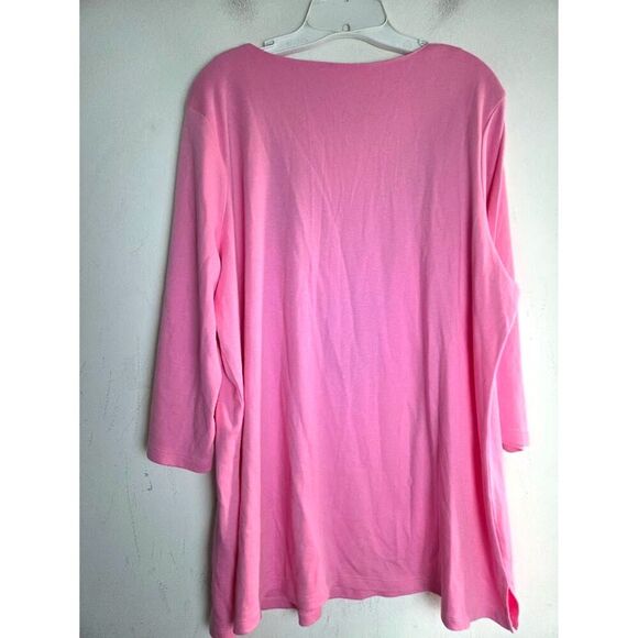 Quacker Factory Pink w/Green Leaf EmbroideryV-Neck 100% Cotton Blouse sz 1X - Picture 2 of 6